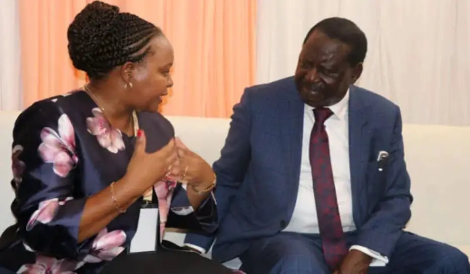 FILE PHOTO of impeached Kirinyaga Governor Anne Waiguru and ODM Party Leader Raila Odinga during a past encounter