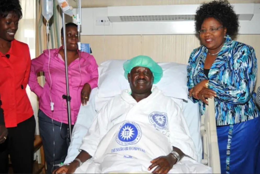 Prime Minister Raila Odinga with is wife Ida (left), daughter Rosemary (right) and his sister Ruth Adhiambo at Nairobi Hospital in 2010