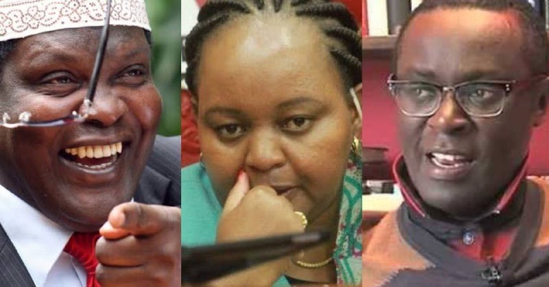 From Left to Right: Exiled Kenyan lawyer Miguna Miguna, Kirinyaga Governor Anne Waiguru and politicl analyst Mutahi Ngunyi