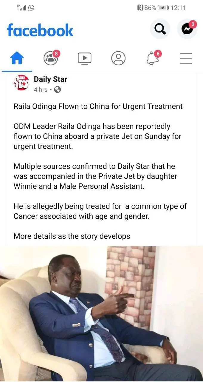 One of the online news sources which last night reported that former Prime Minister Raila Odinga had been flown out to China for specialized treatment