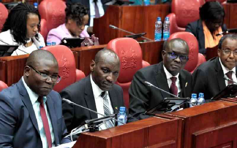Lawyer Cavin Anyuor alongside TSC officials when they appeared before the National Assembly Education Committee on Monday