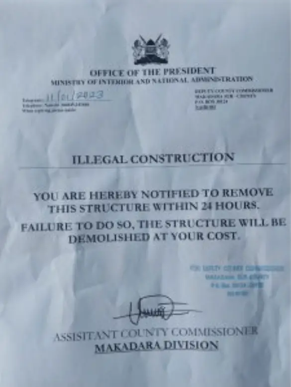 A demolition notice issued by Makadara Assistant County Commissioner