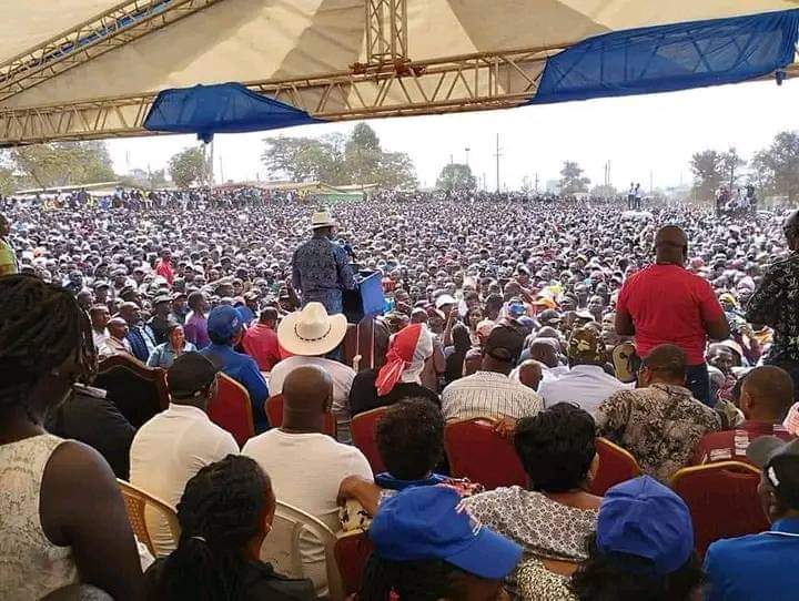 Azimio la Umoja One Kenya Coalition Party Leader Raila Odinga speaking to supporters at Kamukunji Grounds
