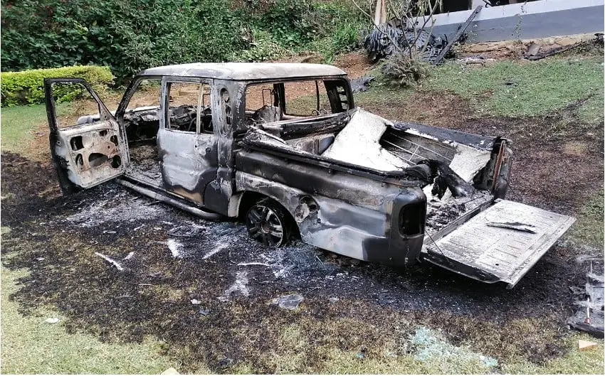 A car destroyed in the arson attack