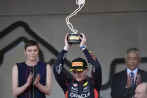 An image of Max Verstappen celebrating after winning the Monaco Formula One Grand Prix