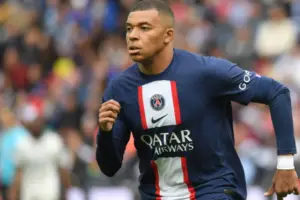 An image of Kylian Mbappe in a PSG jersey as he declares interest in Joining Manchester United