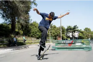 Zion Williams does a skateboarding trick in San Francisco on April 6, 2022. Justin Katigbak/Special to The Chronicle 2022