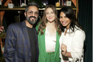 Dinesh Melwani (L) and Sheena Melwani (R) join Drew Barrymore to celebrate the launch of her new Grove Co. Fresh Horizons collection on March 08, 2023, in New York City. Photo: Ilya S. Savenok Source: Getty Images