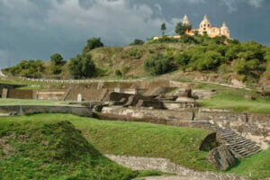 A panoramic view of the Great Pyramid of Cholula, the largest pyramid in the world, nestled in the heart of Mexico.