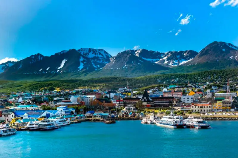 Panoramic view of Ushuaia, the southernmost city in the world, nestled between the Martial mountain range and the Beagle Channel.