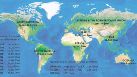 Global map highlighting the distribution of the Jewish population around the world.