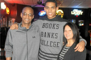 An image of Jordan Clarkson with his father Mike Clarkson and stepmother Janie Clarkson