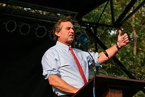 Robert Kennedy Jr, independent presidential candidate, addressing a diverse crowd during a campaign event.